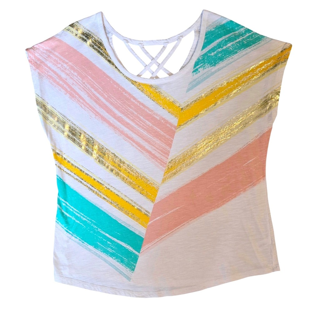 Lane Bryant Women 14/16 White Cotton Slub Top Gold Foil‎ Chevron Strappy Lattice